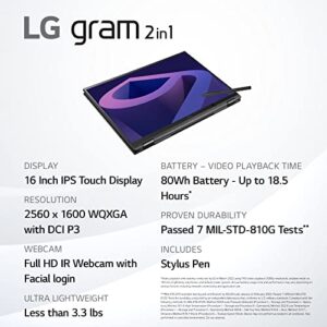 LG gram (2022) 16T90Q 2-in-1 Tablet Laptop, 16" (2560 x 1600) IPS Display, Intel Evo 12th Gen i7 1260P Processor, 16GB LPDDR5, 2TB NVMe SSD, FHD Webcam, WiFi 6E, Thunderbolt 4, Windows 11, Black