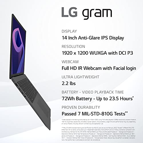 LG gram (2022) 14Z90Q Ultra Lightweight Laptop, 14" (1920 x 1200) IPS Display, Intel Evo 12th Gen i7 1260P Processor, 16GB LPDDR5, 512GB NVMe SSD, FHD Webcam, WiFi 6E, Thunderbolt 4, Windows11, Black