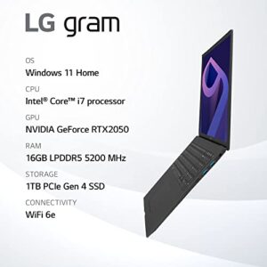 LG Gram (2022) 16Z90Q Ultra Lightweight Laptop, 16" (2560 x 1600) IPS Display, Intel i7 1260P CPU, NVIDIA RTX2050 GPU, 16GB RAM, 1TB NVMe SSD, FHD Webcam, WiFi 6E, Thunderbolt 4, Windows 11, Gray