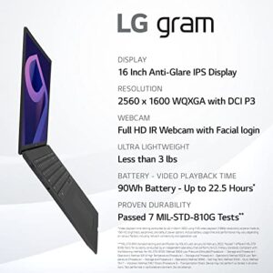 LG Gram (2022) 16Z90Q Ultra Lightweight Laptop, 16" (2560 x 1600) IPS Display, Intel i7 1260P CPU, NVIDIA RTX2050 GPU, 16GB RAM, 1TB NVMe SSD, FHD Webcam, WiFi 6E, Thunderbolt 4, Windows 11, Gray