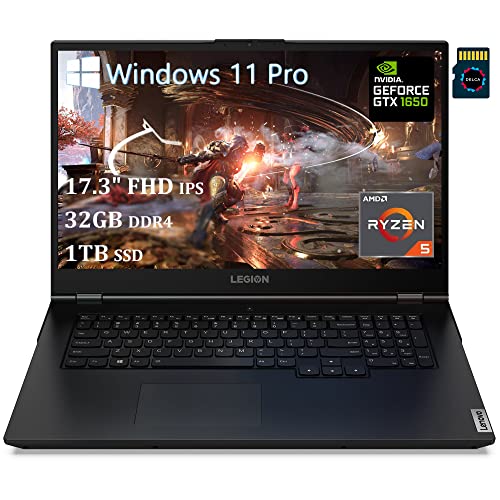 Lenovo Legion 5 17 Gaming Laptop | 17.3" FHD IPS Display | AMD 6-Core Ryzen 5 5600H (> i7-10750H) | 32GB DDR4 1TB SSD | GeForce GTX 1650 4GB Backlit USB-C Win11Pro Black + 32GB MicroSD Card