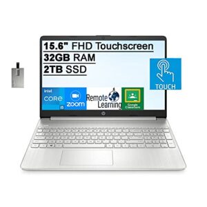 2022 hp 15.6″ fhd touchscreen laptop computer, intel core i5-1135g7 processor, 32gb ddr4 ram, 2tb ssd, intel iris xe graphics, hd webcam, hd audio, usb-c, windows 11, silver, 32gb snowbell usb card