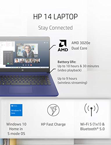HP 14 Laptop, AMD 3020e, 4 GB RAM, 64 GB eMMC Storage, 14-inch HD Display, Windows 10 Home in S Mode, Long Battery Life, Microsoft 365, (14-fq0010nr, 2020)