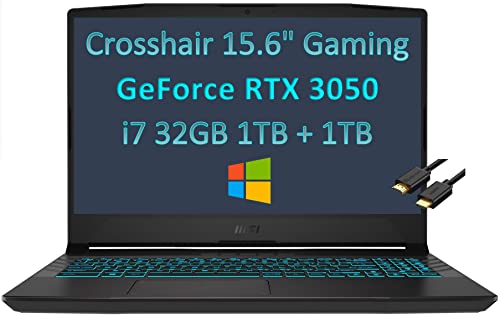 MSI Crosshair 15 15.6" 144Hz (Intel 8-Core i7-11800H, 32GB RAM, 1TB PCIe SSD + 1TB HDD, RTX 3050), FHD 1080P Gaming Laptop, Webcam, RGB Backlit, Type-C, Wi-Fi 6, IST Computers Cable, Windows 10