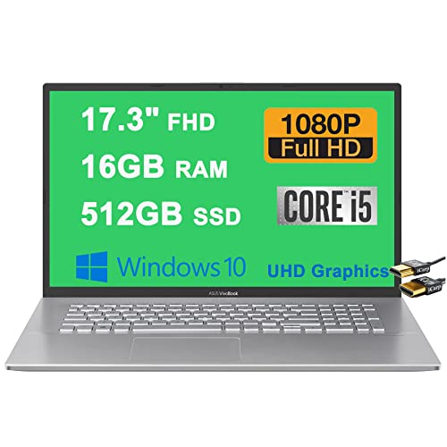 ASUS (Renewed) VivoBook 17 Business Laptop 17.3" FHD Anti-Glare LED Display Intel Quad-Core i5-1035G1 Processor 16GB RAM 512GB SSD Intel UHD Graphics Backlit Keyboard USB-C Win10 Silver + HDMI Cable