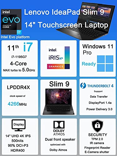 Lenovo IdeaPad Slim 9 9i Pro 14ITL5 14" 4K UHD Touchscreen (Intel 4-Core i7-1195G7, 16GB RAM, 2TB PCIe SSD) Business Laptop, Backlit, Fingerprint, 2 x Thunderbolt 4, IR-Webcam, Windows 11 Pro