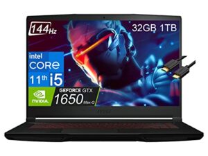 msi gv15 thin gf63 15.6″ fhd 144hz gaming laptop (32gb ram, 1tb pcle ssd, intel 6-core i5-11400h, geforce gtx 1650 max-q) red backlit keyboard, webcam, wifi 6, type-c, ist cable, win 11 home