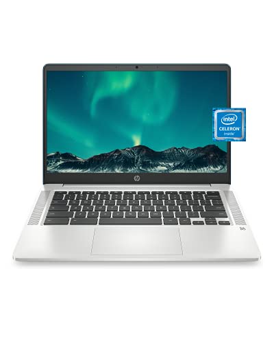 HP Chromebook 14 Laptop, Intel Celeron Processor, 4 GB RAM, 32 GB eMMC, 14” HD (1366 x 768), Display, Chrome OS, Webcam & Dual Mics, Work, School, Entertainment, Long Battery Life (14a-na0120nr, 2021)