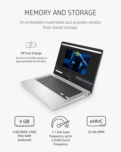 HP Chromebook 14 Laptop, Intel Celeron Processor, 4 GB RAM, 32 GB eMMC, 14” HD (1366 x 768), Display, Chrome OS, Webcam & Dual Mics, Work, School, Entertainment, Long Battery Life (14a-na0120nr, 2021)