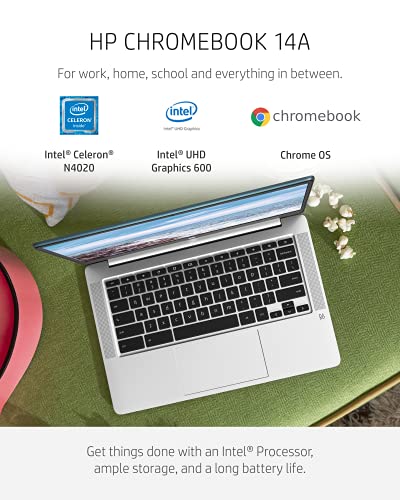 HP Chromebook 14 Laptop, Intel Celeron Processor, 4 GB RAM, 32 GB eMMC, 14” HD (1366 x 768), Display, Chrome OS, Webcam & Dual Mics, Work, School, Entertainment, Long Battery Life (14a-na0120nr, 2021)