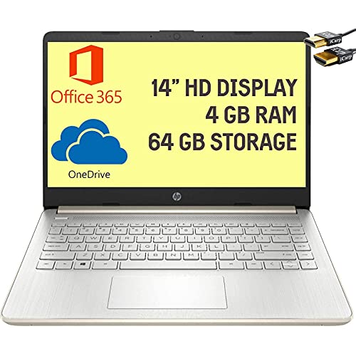 HP Stream 14 Laptop Computer 14" HD Micro-Edge Display Intel Celeron N4020 4GB RAM 64GB eMMC Intel UHD Graphics 600 HDMI USB-C Webcam Office 365 Win 10 (Gold) + HDMI Cable