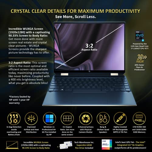 HP Spectre x360 Luxury 14T, 13.5" 3:2 WUXGA Touch, Intel i7-1165G7, 16GB RAM, 1TB SSD, Win 11 Pro, Bang&Olufsen Quad Speakers, Fingerprint, Tilt Pen, Poseidon Blue, 64GB TechWarehouse Flash Drive