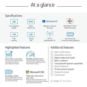 HP 2021 15.6" HD Laptop Computer, AMD Athlon Silver N3050U, 4GB RAM, 128GB SSD, HDMI, USB-C, WiFi, Webcam, Windows 10 S with Office 365 for 1 Year, cm. Accessories