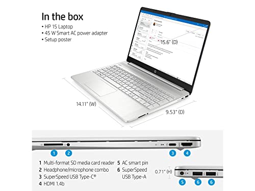 HP 2022 15.6" HD Laptop, Intel Core i3- 1115G4 Processor, 8GB DDR4, 256GB PCIe SSD , Intel HD Graphics, Wi-Fi, Bluetooth, HDMI, Windows 11 S, Natural Silver, 32GB SnowBell USB Card