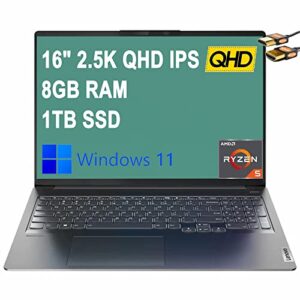 lenovo ideapad 5 pro 16 laptop 16″ 2.5k qhd ips display (100% srgb) amd hexa-core ryzen 5 5600h (beats i7-9750h) 8gb ram 1tb ssd backlit keyboard usb-c dolby atmos win11 grey + hdmi cable