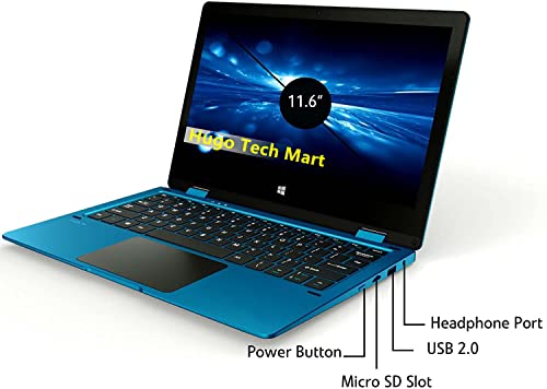 Hugo Tech Mart 11.6" HD Touchscreen 2-in-1 Convertible Laptop, Intel Celeron Processor Up to 2.8Ghz, 4GB RAM, 64GB SSD, Mini-HDMI, Webcam, Super-Fast WiFi Up to 1300 Mbps, Windows 11, Blue (Renewed)