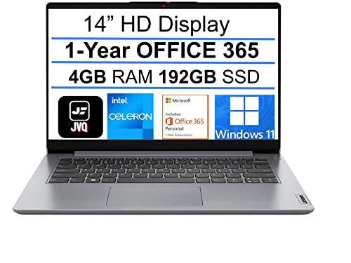 Lenovo Newest IdeaPad Laptop, 14.0" HD Display, Intel N4020, 4GB DDR4 RAM, Built-in 192G SSD(64G eMMC+128G PCIe SSD), 1-Year Office 365, Webcam, HDMI, WiFi 6, Bluetooth, Windows 11, Grey, JVQ MP