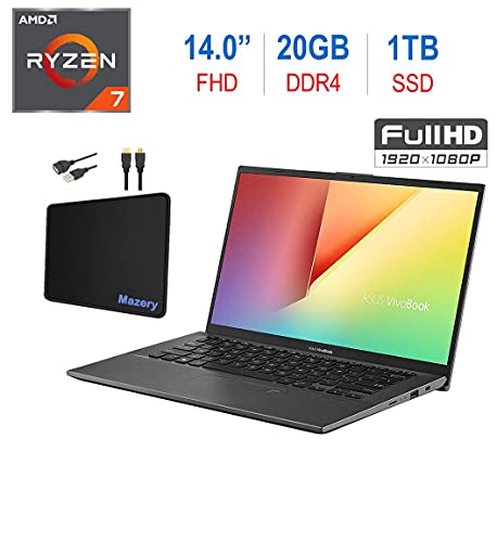 ASUS Newest VivoBook 14-inch FHD 1080p Laptop PC, AMD Ryzen 7 3700U, 20GB DDR4, 1TB SSD, Fingerprint Reader, Backlit Keyboard, AMD Radeon RX Vega 10 Graphics, W10 Home w/Mazepoly Accessories
