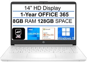 2022 newest hp stream 14″ hd laptop, intel celeron n4020(up to 2.8ghz), 8gb ram, 128gb space(64gb emmc+64gb card), 1-year office 365, wifi, hdmi, usb-c, webcam, bluetooth, windows 11s, white+jvq mp