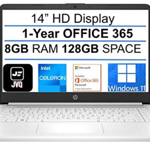 2022 Newest HP Stream 14" HD Laptop, Intel Celeron N4020(up to 2.8GHz), 8GB RAM, 128GB Space(64GB eMMC+64GB Card), 1-Year Office 365, WiFi, HDMI, USB-C, Webcam, Bluetooth, Windows 11S, White+JVQ MP