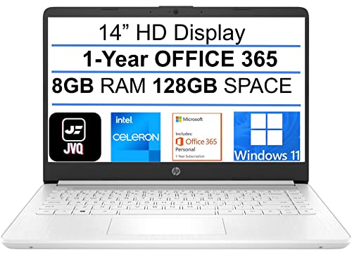 2022 Newest HP Stream 14" HD Laptop, Intel Celeron N4020(up to 2.8GHz), 8GB RAM, 128GB Space(64GB eMMC+64GB Card), 1-Year Office 365, WiFi, HDMI, USB-C, Webcam, Bluetooth, Windows 11S, White+JVQ MP