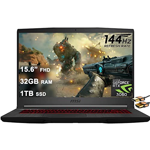 MSI GF65 Thin Gaming Laptop 15.6” FHD IPS 144Hz 10th Gen Intel Hexa-Core i5-10500H (Beats i7-9750H) 32GB RAM 1TB SSD GeForce RTX 3060 6GB Backlit KB USB-C Win10 Black + HDMI Cable