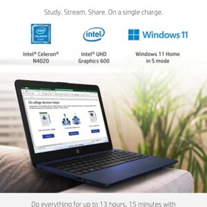HP Stream 11" Laptop, Intel Celeron N4020, Intel UHD Graphics 600, 4 GB RAM, 64 GB SSD, Windows 11 Home in S mode (11-ak0030nr, Royal blue)