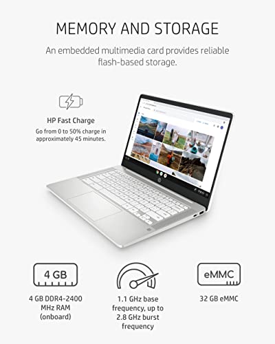 HP Chromebook HD Laptop, Intel Dual-core Celeron Processor, 4GB RAM, 32GB eMMC, Chrome OS, (Renewed), Ceramic white, 14-14.99 inches