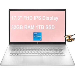 Flagship HP 17 Laptop Computer 17.3" FHD IPS Display 11th Gen Intel Quad-Core i5-1135G7 (Beats i7-10510U) 32GB RAM 1TB SSD Intel Iris Xe Graphics USB-C Win10 Silver + HDMI Cable
