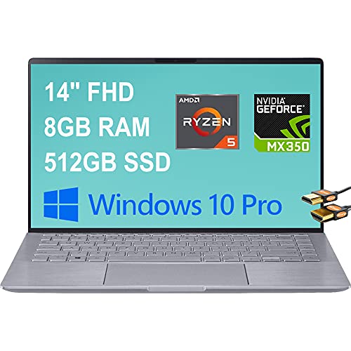 ASUS Zenbook 14 Business Laptop Computer 14" FHD Display AMD Hexa-Core Ryzen 5 4500U (Beats i7-10510U) 8GB RAM 512GB SSD GeForce MX350 2GB Backlit Keyboard USB-C Alexa Win10Pro Light Gray + HDMI Cable