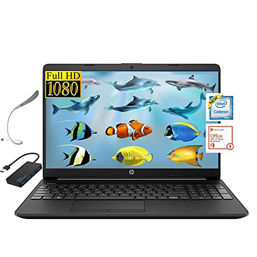 HP 15 Laptop, 15.6" FHD Computer, Intel Celeron N4020 Processor, 16GB RAM, 256GB SSD, 1-Year Office 365, Google Classroom Zoom for Business Student, Windows 10 S Mode＋TSBEAU 3.0 Hub & USB LED Light