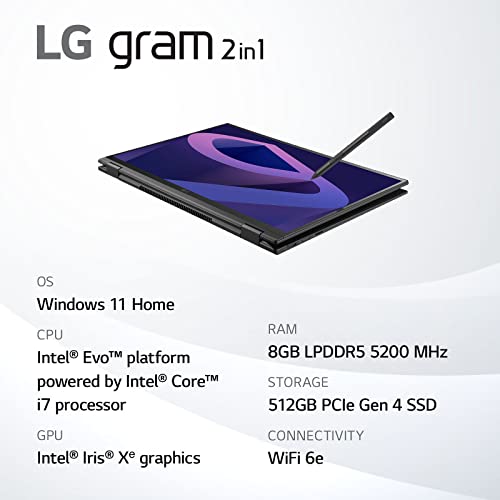 LG gram (2022) Laptop 14T90Q 2-in-1 14" Touchscreen, Intel Evo 12th Gen Core i5, 16GB RAM, 512GB SSD, Windows 11, Black