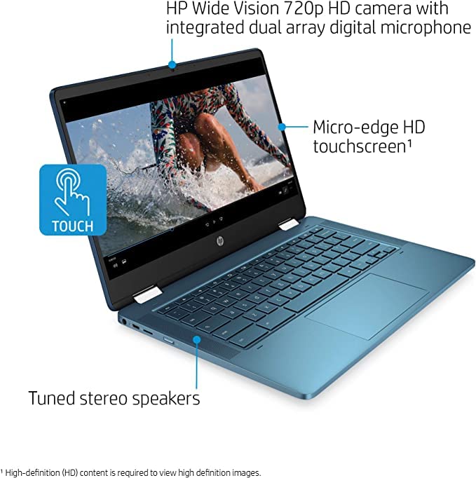 HP Newest X360 2-in-1 Chromebook 14" HD Touchscreen Laptop, Intel Celeron N4000(Up to 2.8GHz), 4GB DDR4 RAM, 320GB Space(64GB eMMC+256GB Card), WiFi, Webcam, USB Type-C, Chrome OS, Forest Teal JVQ MP