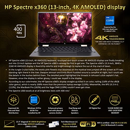 HP Spectre 13T 4K OLED x360 Laptop 10th Gen i7-1065G7 GPU, 512 GB NVMe SSD, 16GB DDR4 RAM, Win 10 Pro, Pen, 13.3" UHD Touch Pen, B&O Speakers, 64GB Tech Warehouse Flash Drive