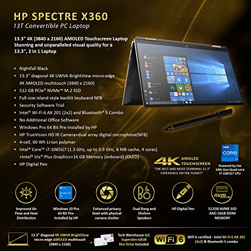 HP Spectre 13T 4K OLED x360 Laptop 10th Gen i7-1065G7 GPU, 512 GB NVMe SSD, 16GB DDR4 RAM, Win 10 Pro, Pen, 13.3" UHD Touch Pen, B&O Speakers, 64GB Tech Warehouse Flash Drive