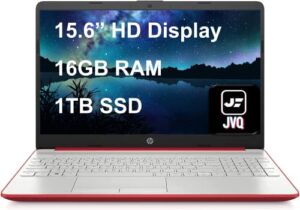 hp laptop, 15.6″ hd display, intel pentium silver n5030 4 cores processor, 16gb ddr4 ram, 1tb ssd, sd card reader, 1-year office365 subscription, hdmi, wi-fi, rj-45, usb-c, windows os, red, jvq mp