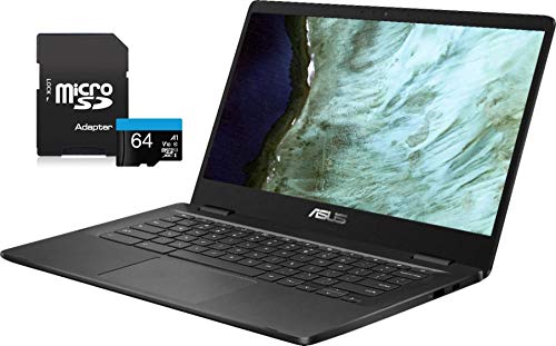 2021 Newest ASUS Chromebook Laptop, 14" HD Non-Touch Display, Intel Celeron N3350 Processor, 4GB Memory, 32GB eMMC SSD, Wi-Fi, Bluetooth, Webcam, Chrome OS, KKE 64GB MicroSD Card, Grey