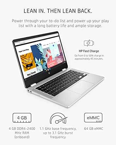 HP Chromebook x360 14a 2-in-1 Laptop, Intel Pentium Silver N5030, 4 GB RAM, 64 GB eMMC, 14” HD Micro-Edge Touchscreen, Chrome OS, 720p Webcam, Dual Speakers, Long Battery Life (14a-ca0023nr, 2021)