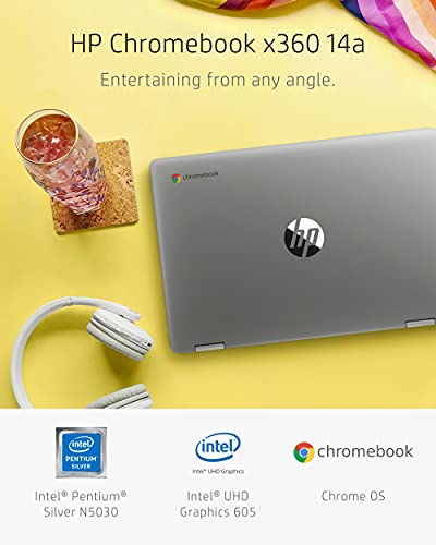 HP Chromebook x360 14a 2-in-1 Laptop, Intel Pentium Silver N5030, 4 GB RAM, 64 GB eMMC, 14” HD Micro-Edge Touchscreen, Chrome OS, 720p Webcam, Dual Speakers, Long Battery Life (14a-ca0023nr, 2021)