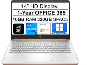 2022 newest hp stream 14″ hd laptop, intel celeron n4020(up to 2.8ghz), 16gb ram, 320gb space(64gb emmc+256gb card), 1-year office 365, wifi, hdmi, usb-c, webcam,bluetooth,windows 11s,rose gold+jvq mp