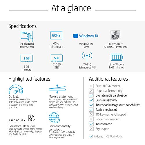 HP Pavilion x360 14 Convertible 2-in-1 Laptop, 14” Full HD Touchscreen Display, Intel Core i5, 8 GB DDR4 RAM, 512 GB SSD Storage, Windows 10 Home, Backlit Keyboard (14-dh2011nr, 2020 Model)