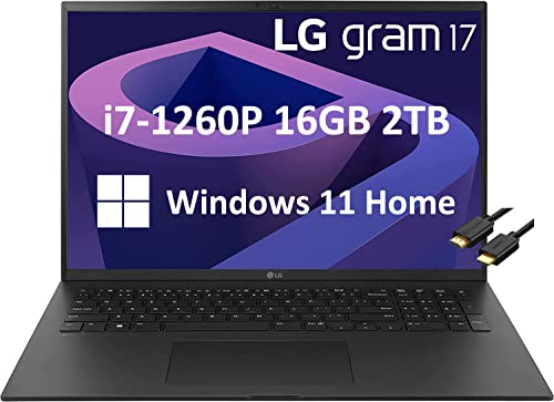 LG Gram 17 17Z90Q Ultra-Lightweight 17" QHD+ IPS (Intel 12th Gen i7-1260P, 16GB RAM, 2TB SSD, Military Grade) Business Laptop, 17.5hr Battery, Backlit, 2 x Thunderbolt 4, Webcam, Win 11 Home (Renewed)