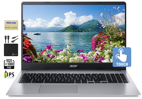 2021 Flagship Acer Chromebook 15.6" FHD 1080p IPS Touchscreen Light Computer Laptop, Intel Celeron N4020, 4GB RAM, 64GB eMMC,HD Webcam,WiFi, 12+ Hours Battery,Chrome OS,w/Marxsol Cables