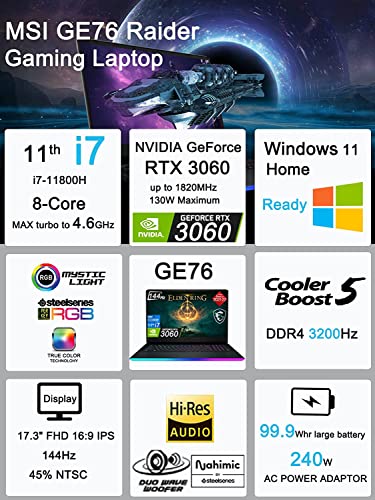 MSI GE76 Raider 17.3" 144Hz (64GB RAM, 2TB PCIe SSD, Intel 8-Core i7-11800H (Beat Ryzen 7 5800H), RTX 3060 6GB) FHD Thin Bezel Gaming Laptop, Thunderbolt 4, Webcam, RGB Backlit, Windows 11 Home