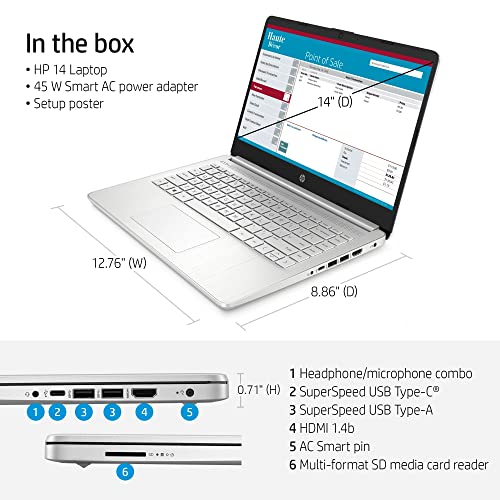 HP 14 Laptop, 14" HD Screen, Intel i5-1135G7 Processor, 32GB RAM, 1TB SSD, Webcam, SD Card Reader, HDMI, Wi-Fi, Windows 11 Home, Natural Silver,TGC Accessories