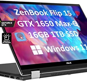 ASUS Zenbook Flip 15.6" FHD 2-in-1 Touchscreen (Intel 11th Gen 4-Core i7-1165G7, 16GB RAM, 1TB SSD, GTX 1650 Max-Q 4GB) IPS 1080p Business Laptop, Backlit KB, 2 x Thunderbolt 4, Windows 11, Q528EH