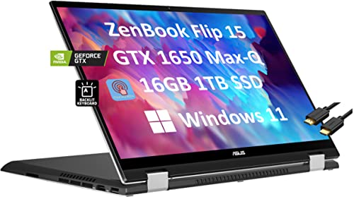 ASUS Zenbook Flip 15.6" FHD 2-in-1 Touchscreen (Intel 11th Gen 4-Core i7-1165G7, 16GB RAM, 1TB SSD, GTX 1650 Max-Q 4GB) IPS 1080p Business Laptop, Backlit KB, 2 x Thunderbolt 4, Windows 11, Q528EH