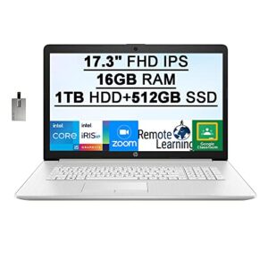 2022 hp 17.3″ fhd laptop computer, 11th intel core i5-1135g7 processor, 16gb ram, 1tb hdd+512gb pcie ssd, intel iris xe graphics, hd audio, bluetooth, hdmi, windows 10s, silver, 32gb snowbell usb card