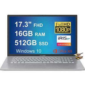 (renewed) asus vivobook 17 business laptop 17.3″ fhd anti-glare display 11th generation intel quad-core i5-1135g7 (beats i7-1065g7) 16gb ram 512gb ssd backlit usb-c office365 win10 silver + hdmi cable
