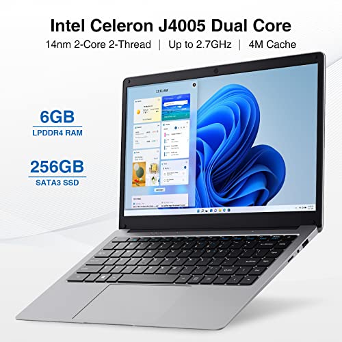 BiTECOOL Windows 11 Laptop, 14 inches HD Clear Display, Intel Celeron J4005 Dual Core, 6GB RAM and 256GB SSD Laptop Computer, 2.4G WiFi, BT4.0, Long Lasting Battery, Mic